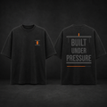 UNFINAL BUILT UNDER PRESSURE oversized black heavyweight tee, front and back