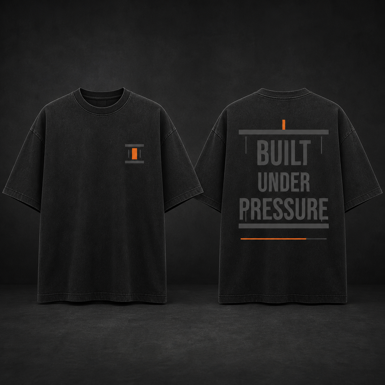 UNFINAL BUILT UNDER PRESSURE oversized black heavyweight tee, front and back