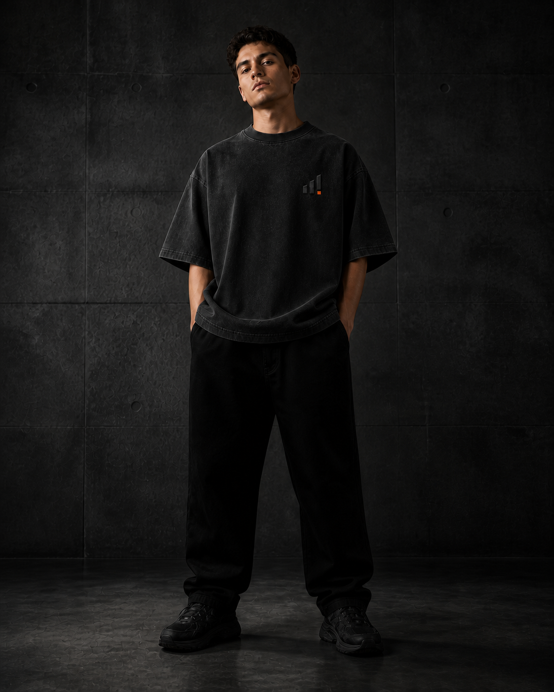 Model wearing UNFINAL STILL BUILDING oversized black tee