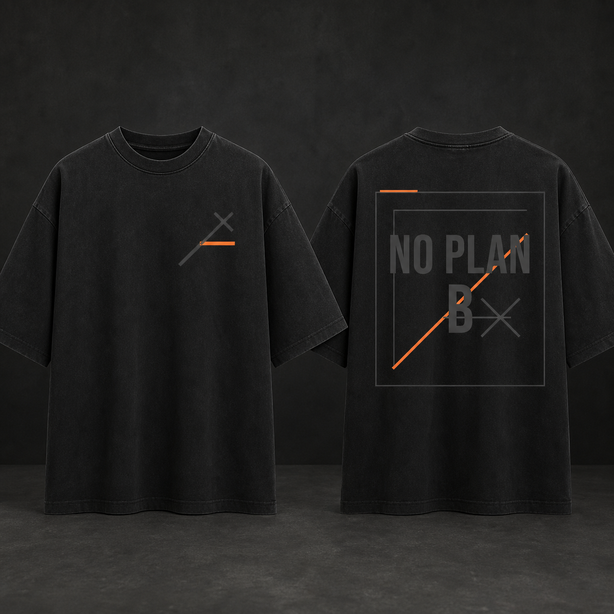 UNFINAL NO PLAN B oversized black heavyweight tee, front and back