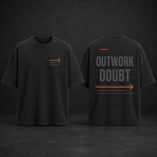 UNFINAL OUTWORK DOUBT oversized black heavyweight tee, front and back