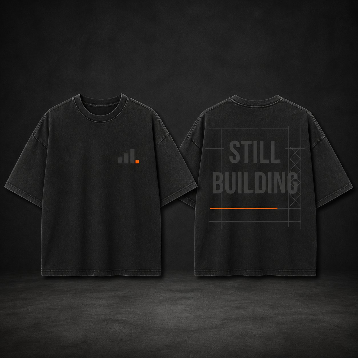 UNFINAL STILL BUILDING oversized black heavyweight tee, front and back